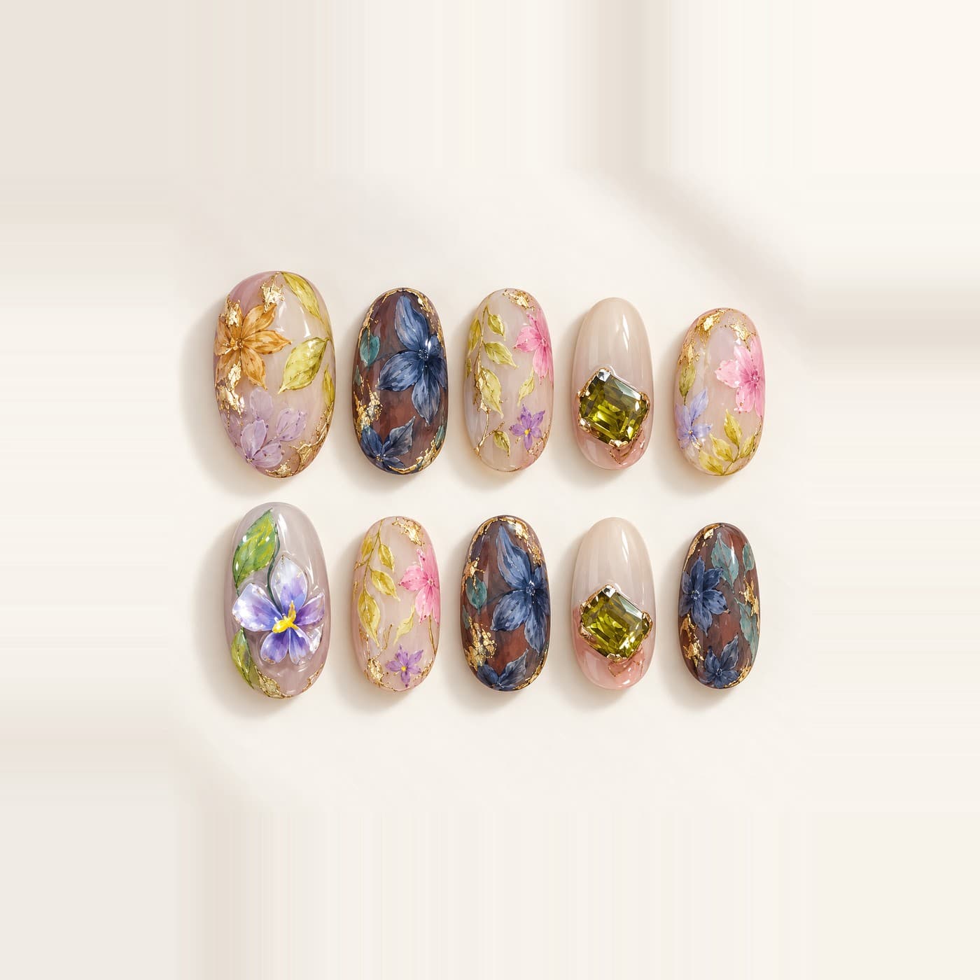 Palace Day And Night Press-On Nails – Ukiyo-e Florals & Old-Money Elegance | Handmade Nail Art