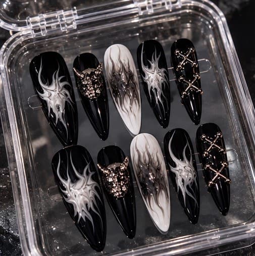 Little Demon Ombre Press-On Nails – Original Dark Design with Demon Accents, Fully Handmade | Handmade Nail Art image