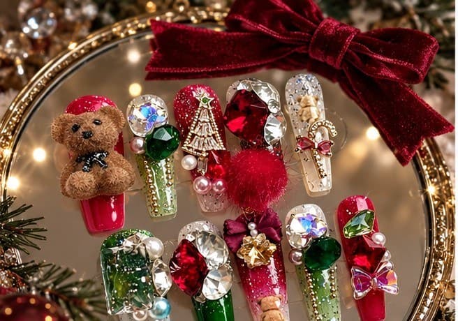 Christmas Zircon Glow Press-On Nails – Festive Teddy, Tree & Candy Cane Zircon Heavywork | Handmade Nail Art image