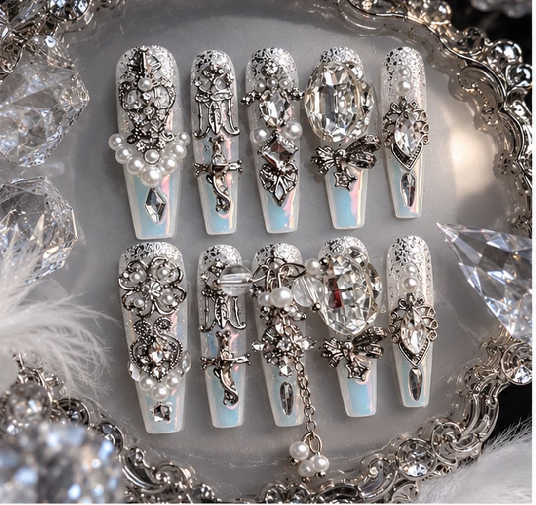 Gothic Reverie Press-On Nails – Cold-Tone Silver Charm Jewelry & Pearl Chain Drape Stiletto | Handmade Nail Art image