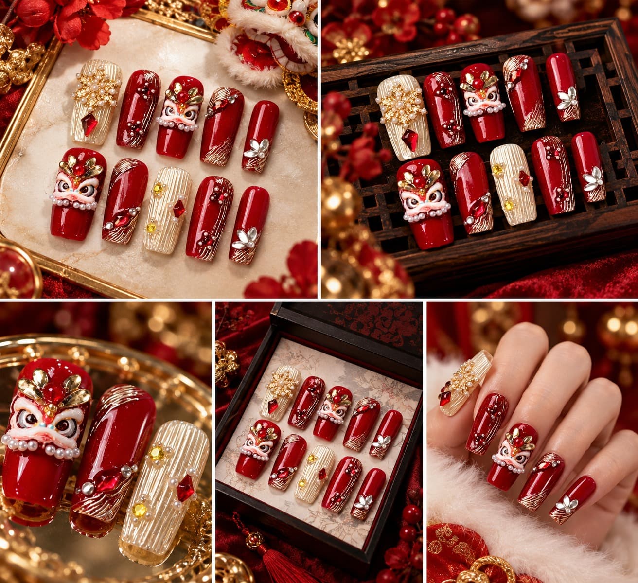 Lion Dance Fortune Press-On Nails – Red-Gold 3D Lion, Bells & Lucky Charms Festive Ballerina | Handmade Nail Art image
