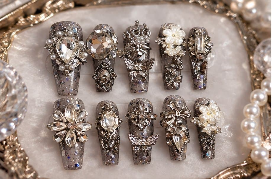 Miao Silver Hex Press-On Nails – Dark Magic Silver Metalwork & Crystal Charm Stiletto | Handmade Nail Art image