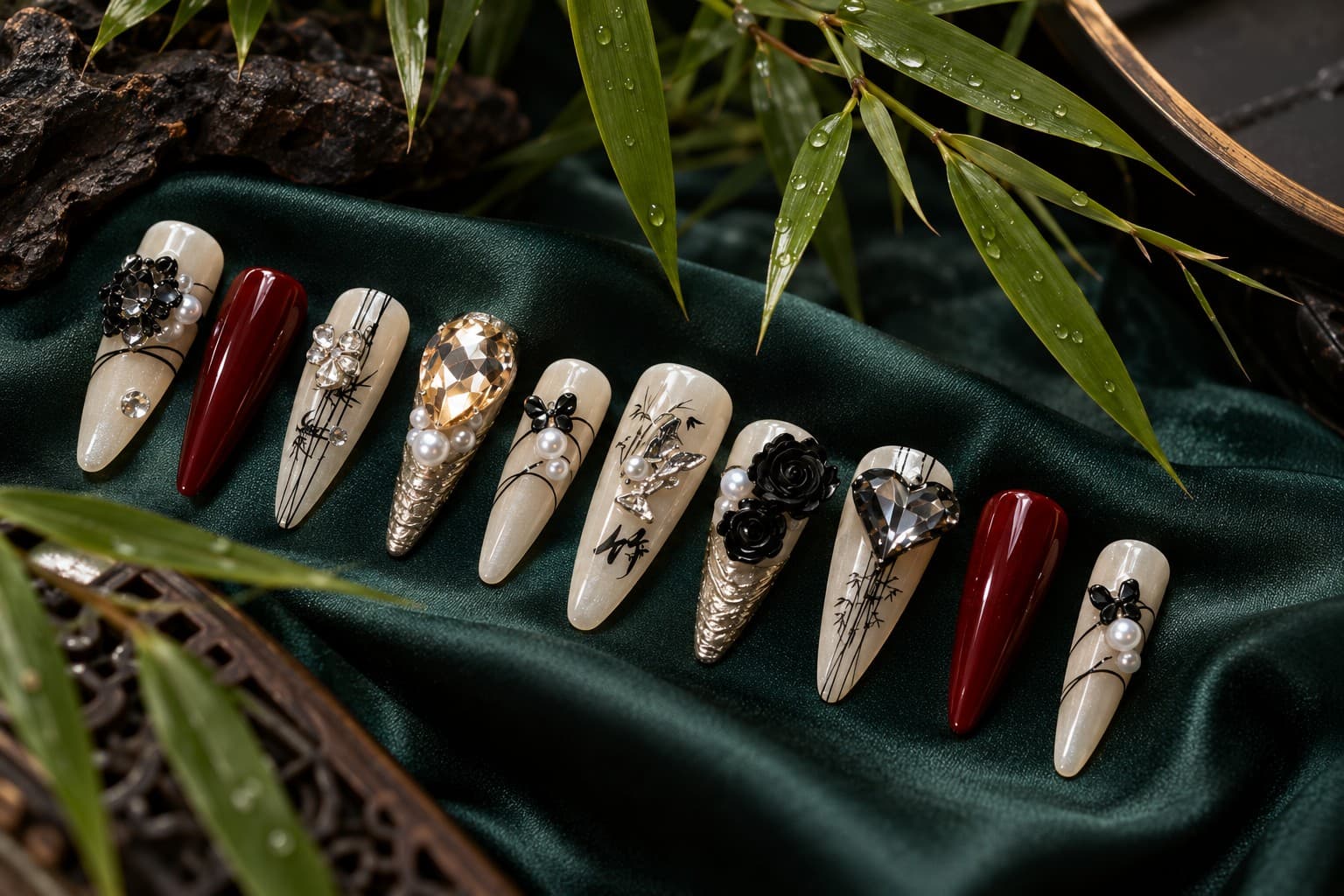 Bamboo Whisper Pearl Press-On Nails – Ink Brush Bamboo, Wine Red Accents & Black Roses | Handmade Nail Art image