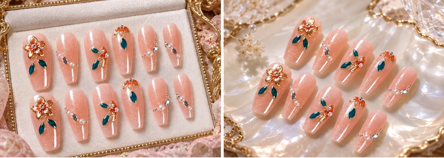 Gilt Bloom Nude Press-On Nails – Hand-Painted Gold-Outline Botanicals on Sheer Nude-Pink Coffins | Handmade Nail Art image