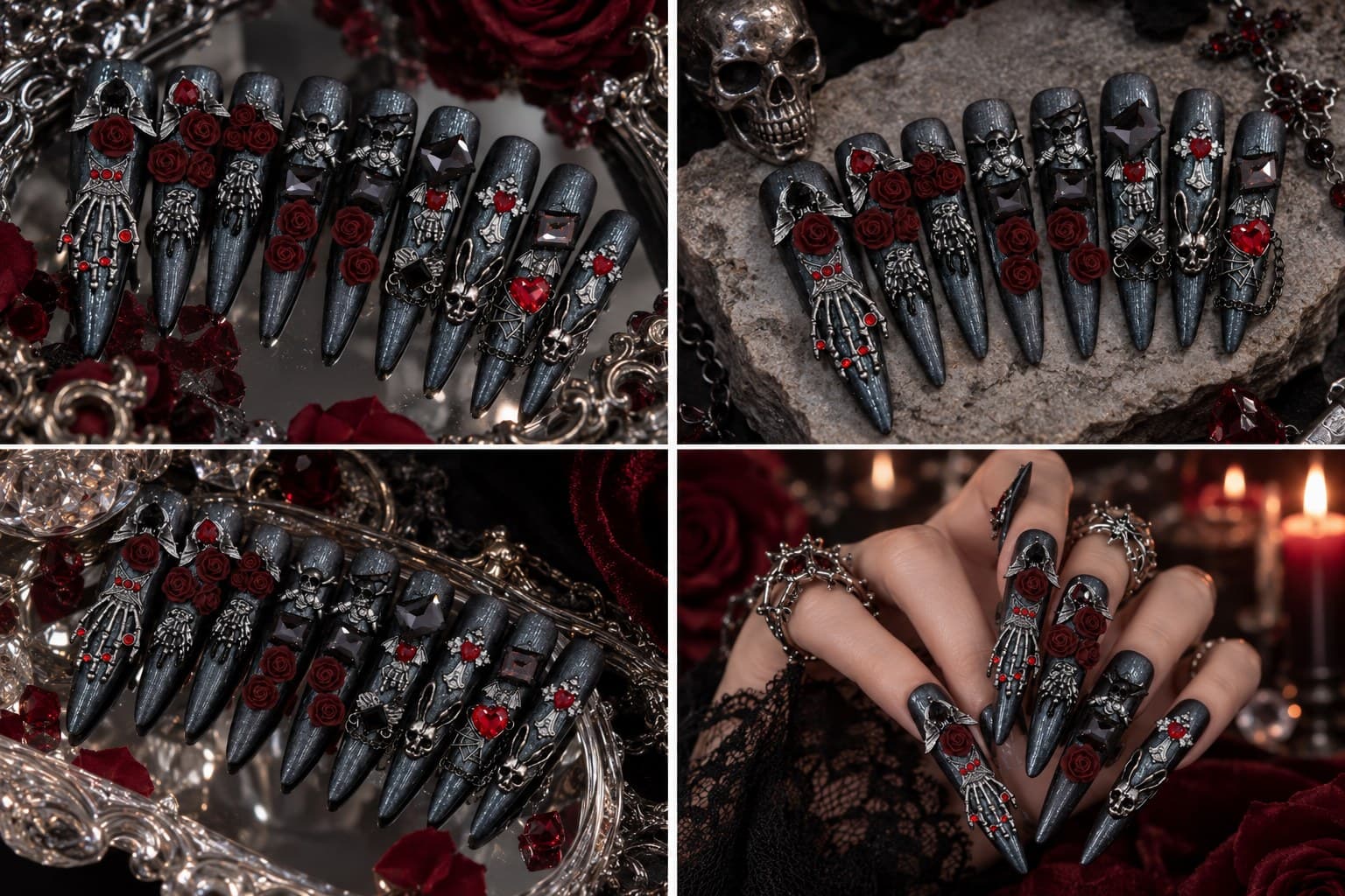 Blood Oath Press-On Nails – Demon Heavywork Sculpted Relief, Oxblood Gradient | Handmade Nail Art image