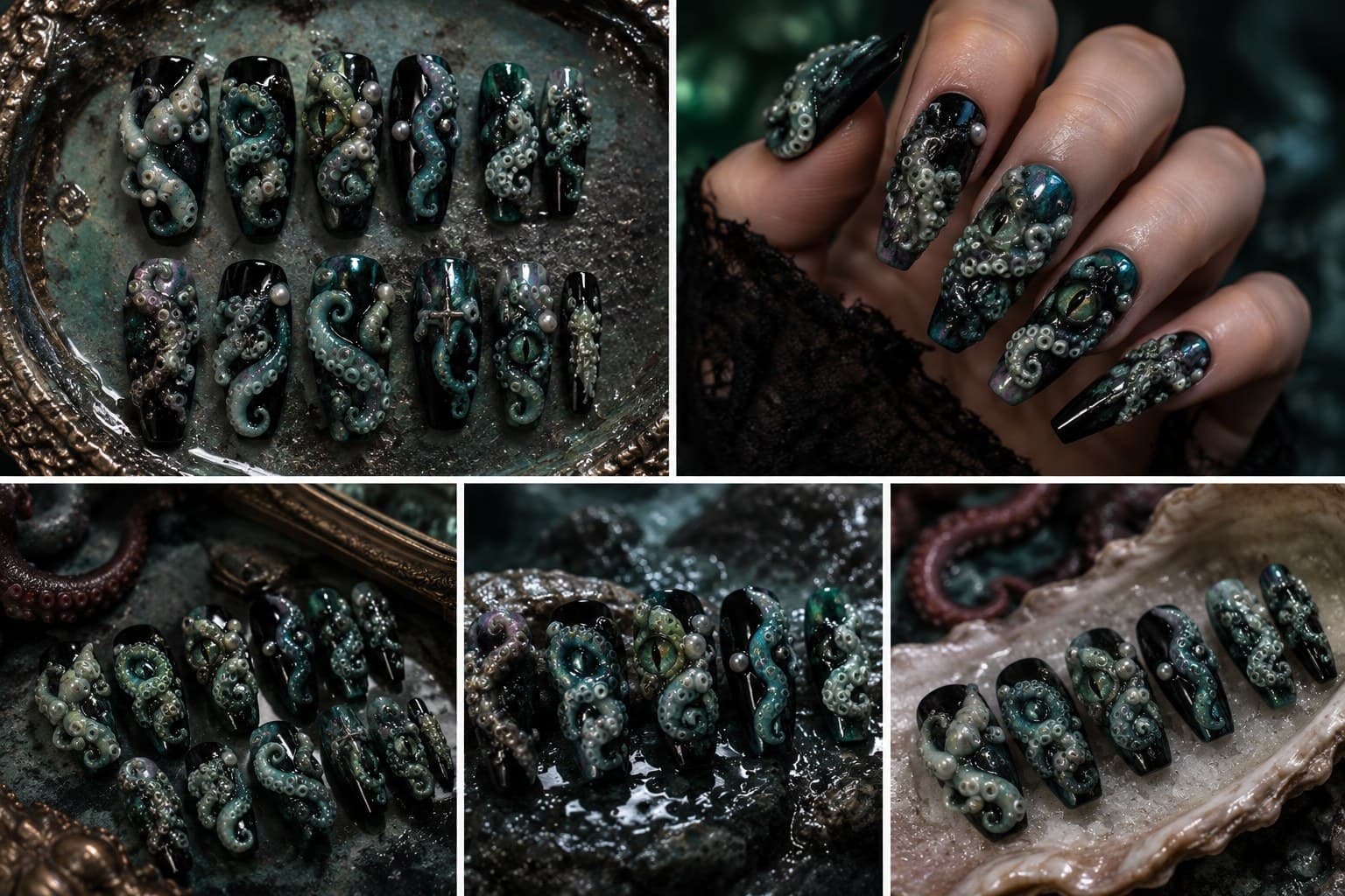 Cthulhu Tentacle Cult Press-On Nails – 3D Sculpted Octopus Horror Art, Fully Handmade | Handmade Nail Art image
