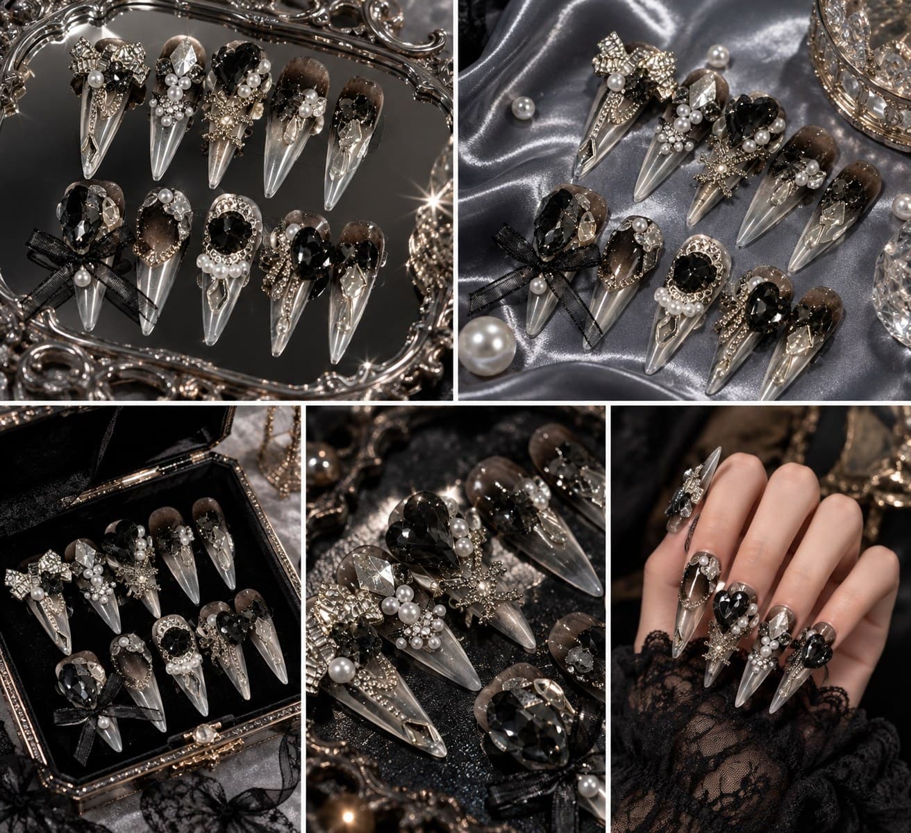 Dark Lolita Vintage Gothic Press-On Nails – Smoky Chrome Stiletto & Black Gem Glam | Handmade Nail Art image