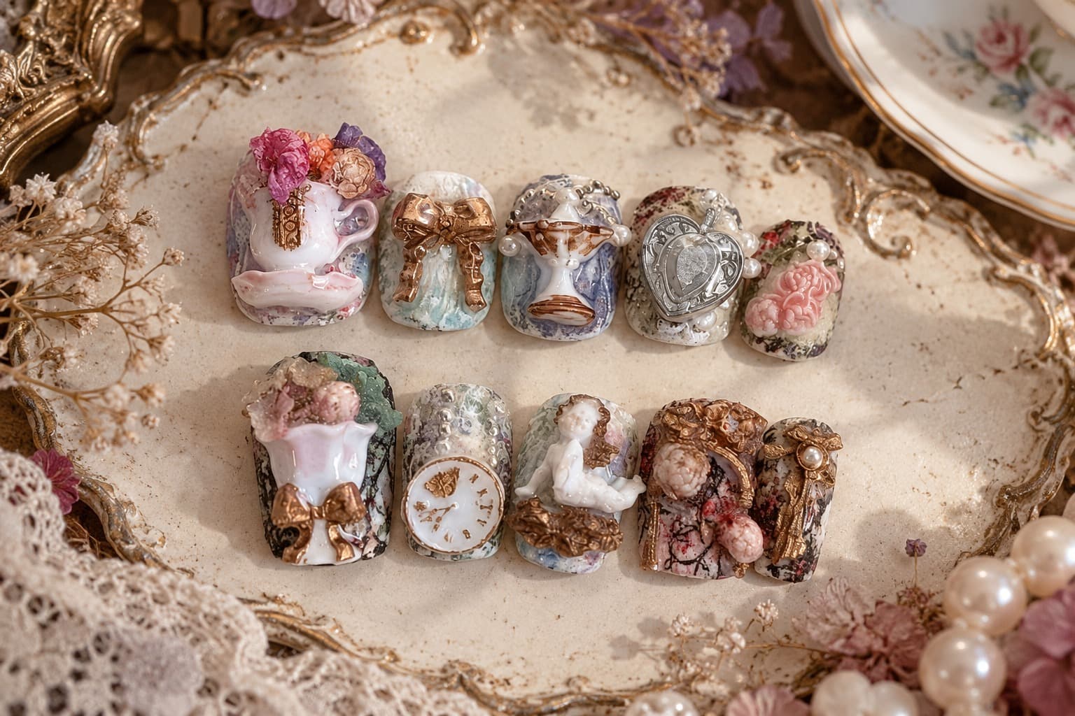 Dried Flower Porcelain Vintage Press-On Nails – 3D Teacup Heavywork Cherub Locket Antique Charm | Handmade Nail Art image