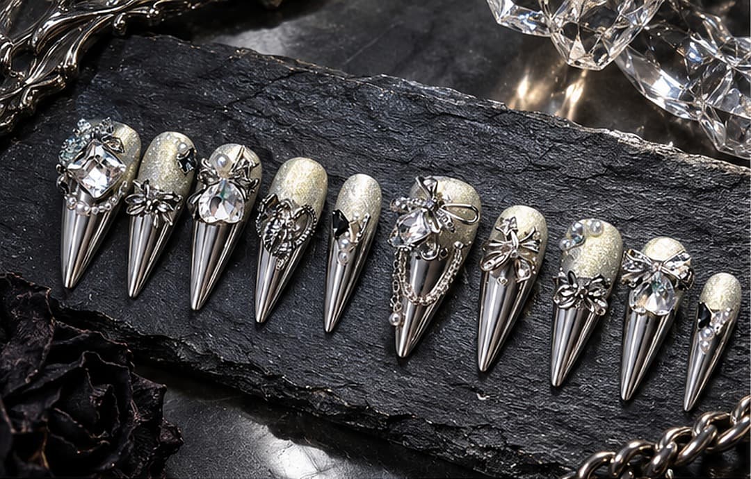 Mirror Eclipse Punk Press-On Nails – Mirror-Chrome Studded Stiletto | Handmade Nail Art image