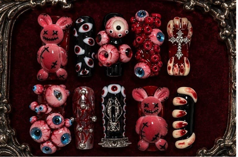 Grunge Bunny Voodoo Press-On Nails – 3D Stitched Bunny Horror Kawaii, Oxblood Fang & Eyeball Sculpt Art | Handmade Nail Art image