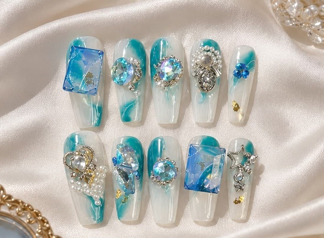 Glass Ripple Ambience Press-On Nails – Milky Translucent Jelly & Aqua Water-Ripple Crystals | Handmade Nail Art image