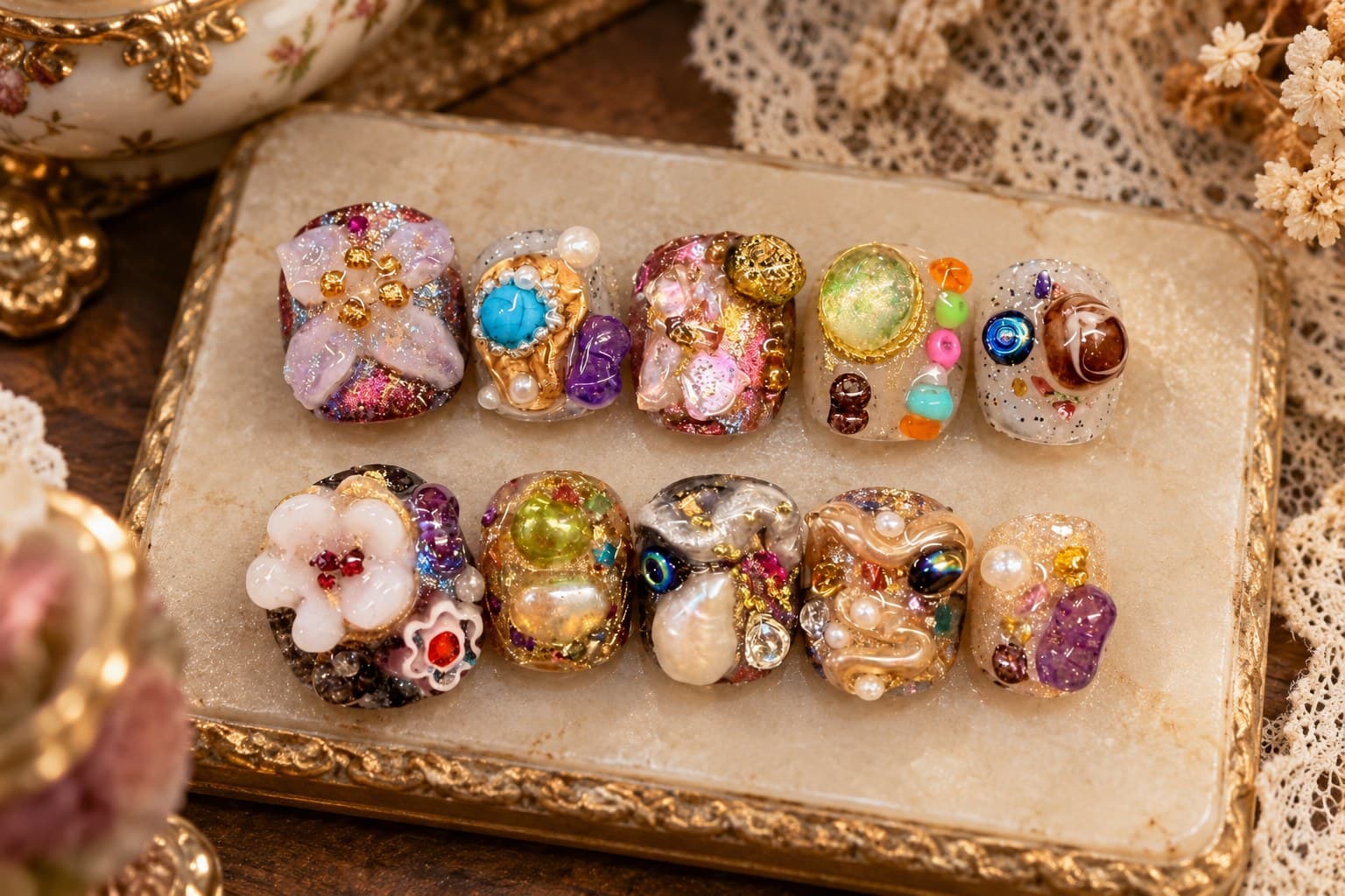 Milk-Gold Evil Eye Garden Press-On Nails – 3D Daisy & Candy Bead Charms | Handmade Nail Art image
