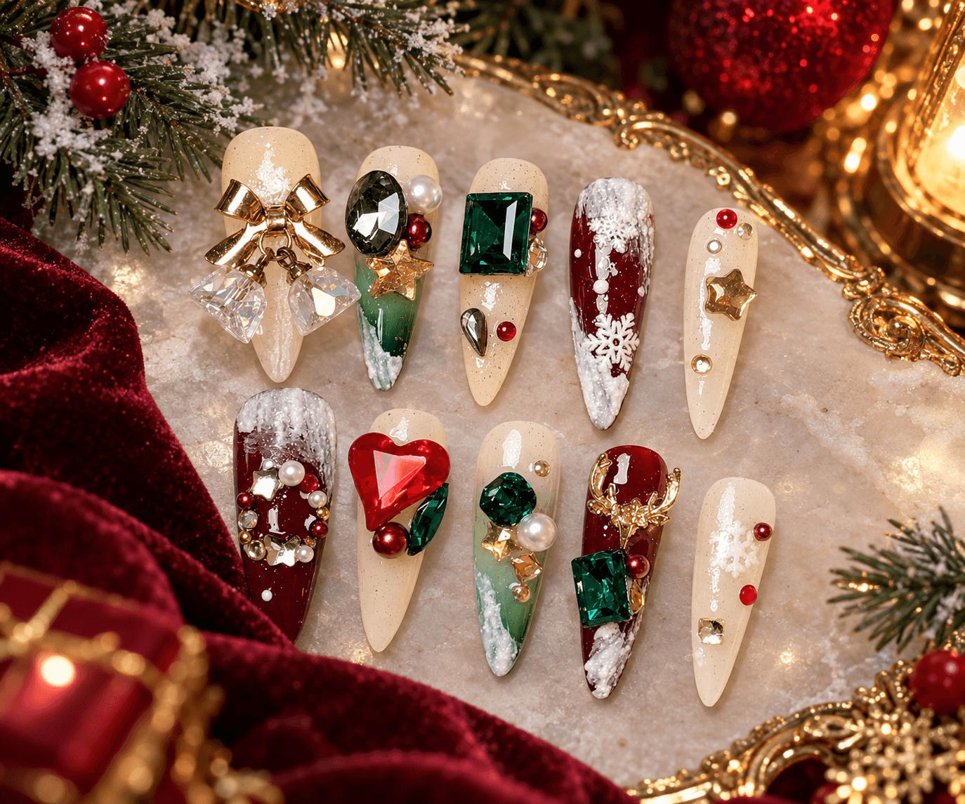 Christmas Deer Chain Press-On Nails – 3D Reindeer & Dangling Bell Festive Luxury | Handmade Nail Art image