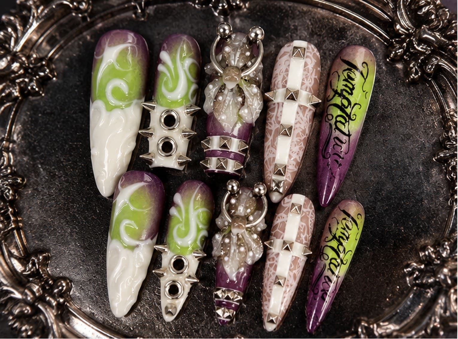 Punk Violet Green Press-On Nails – Hand-Painted Stiletto | Handmade Nail Art image