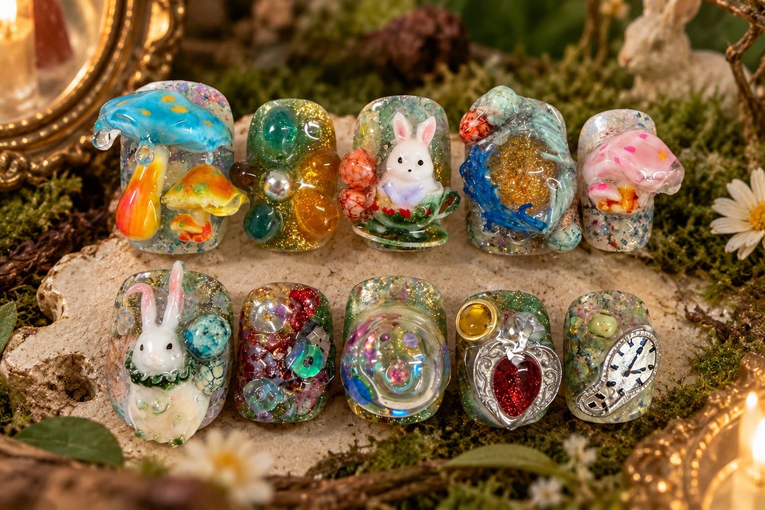 Quicksand Shimmer Wonderland Press-On Nails – 3D Mushroom Bunny Quicksand Glitter Jelly, Alice Forest Heavywork | Handmade Nail Art image
