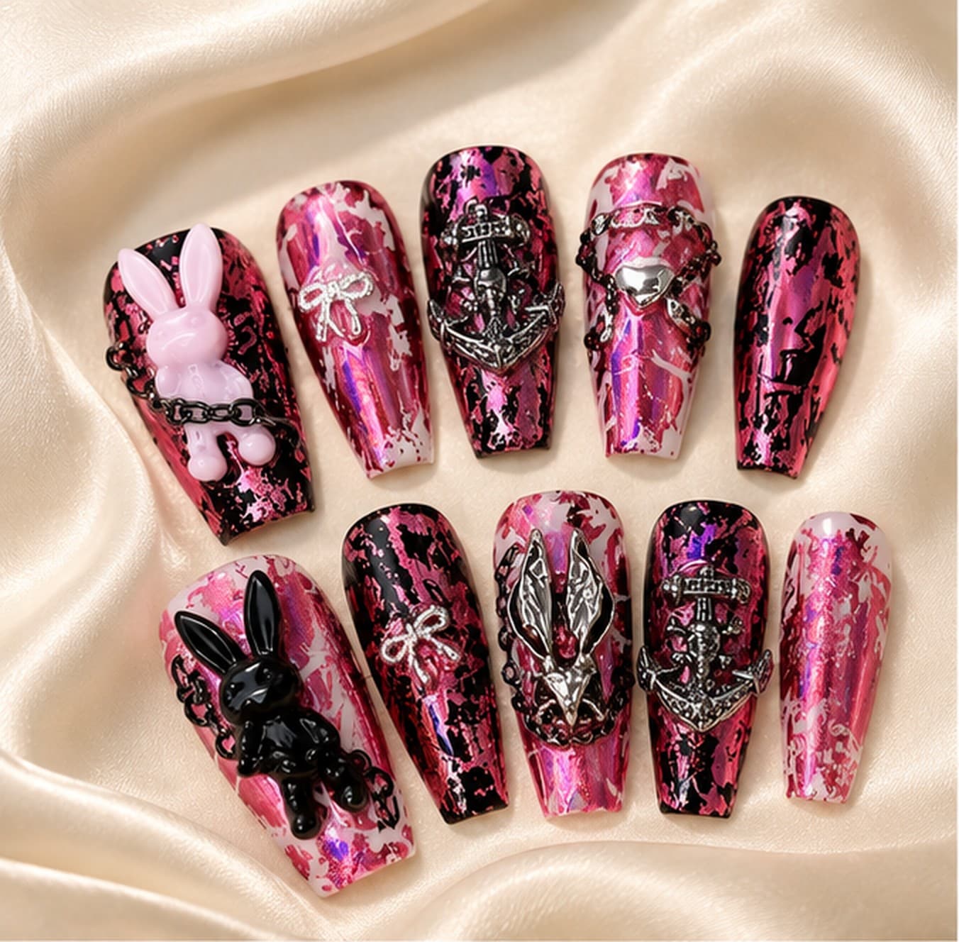 Rose Rebel Rabbit Gothic Press-On Nails – Rose-Black Laser Foil Chains & 3D Bunny Charms, Fully Handmade | Handmade Nail Art image