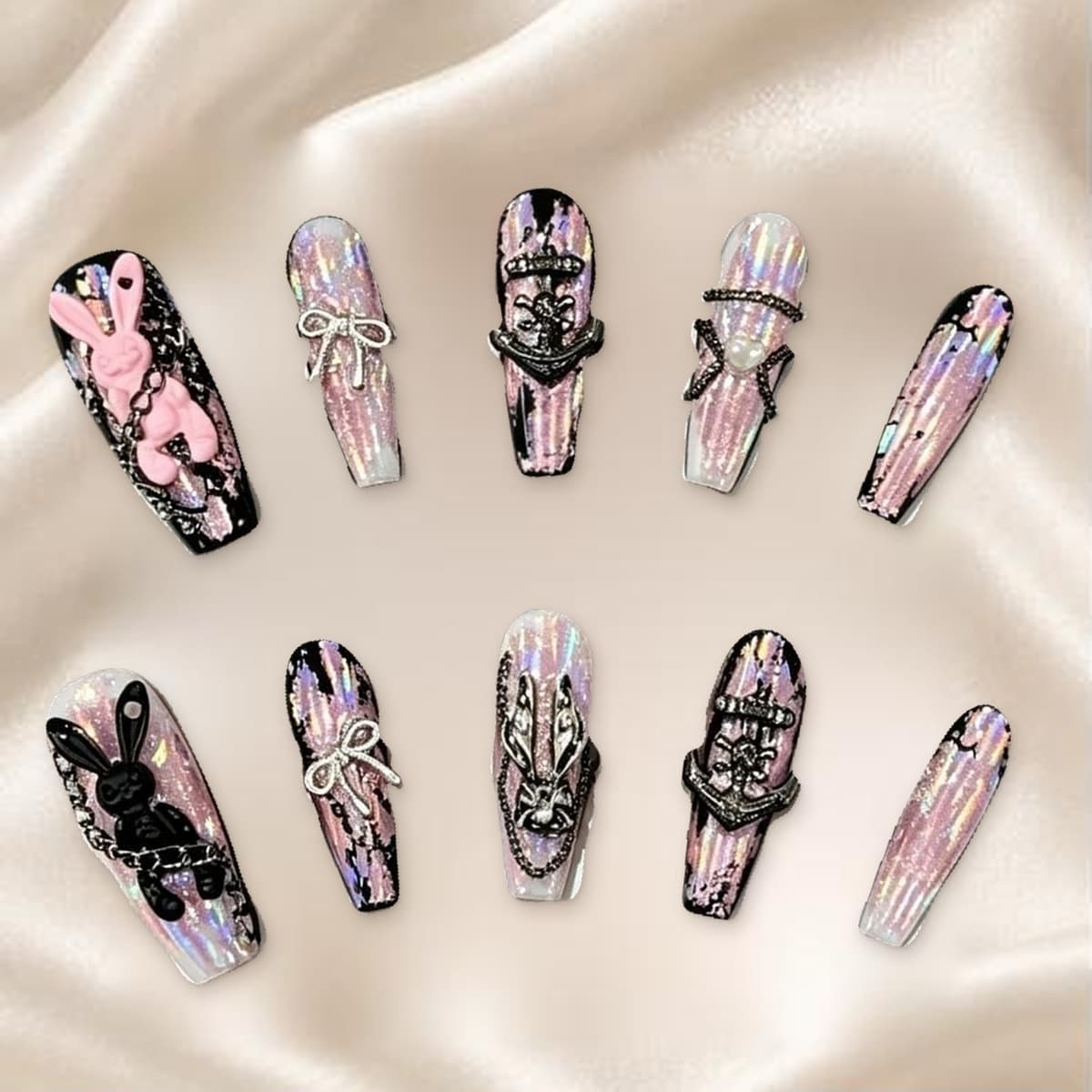 Neon Rabbit Laser Foil Gothic Press-On Nails – Colour-Shifting Pink Holographic Bunny Charms & Chains | Handmade Nail Art image
