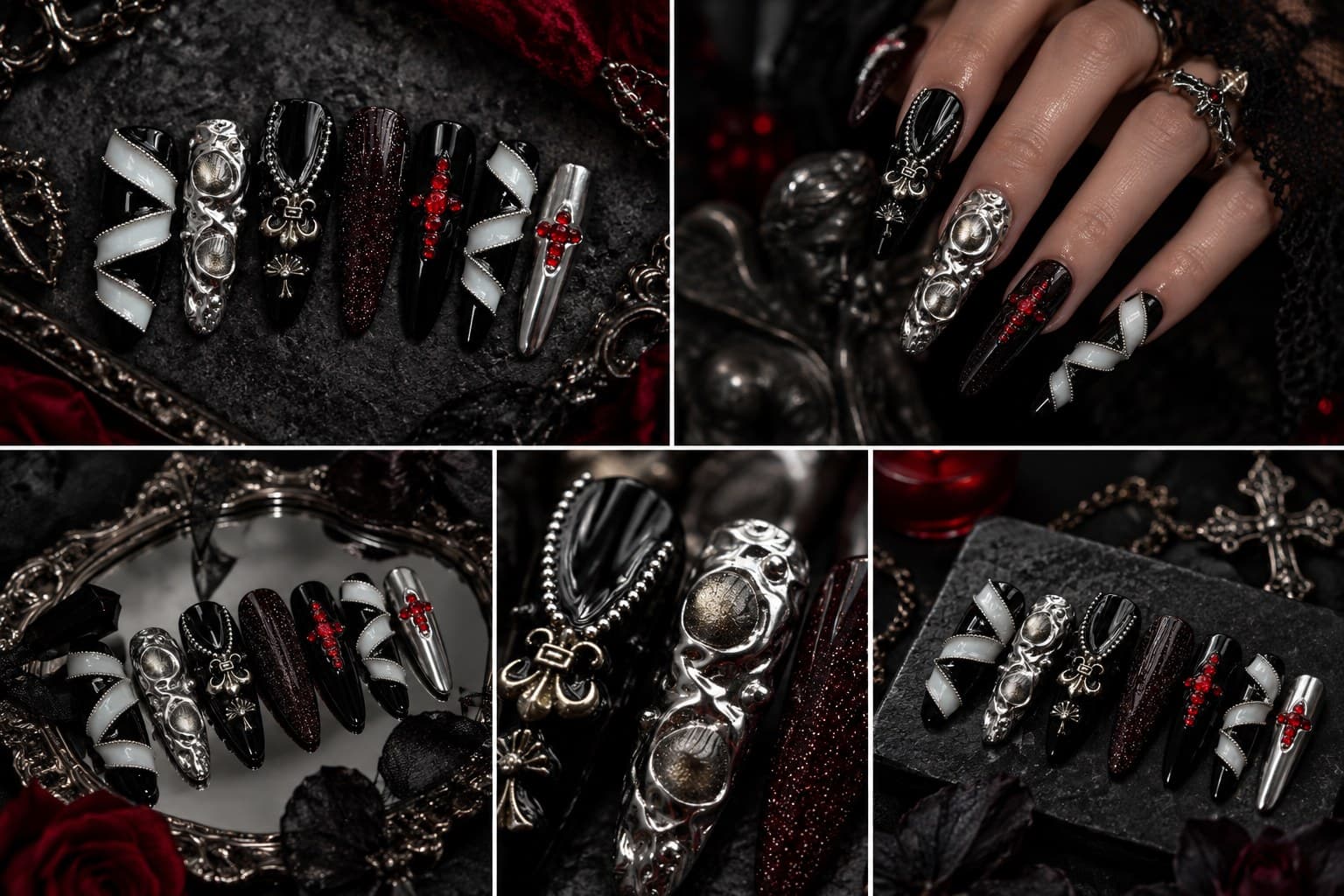 Sin & Satin Metal Couture Press-On Nails – Ornate 3D Metalwork, Chains & Satin Finish, Fully Handmade | Handmade Nail Art image