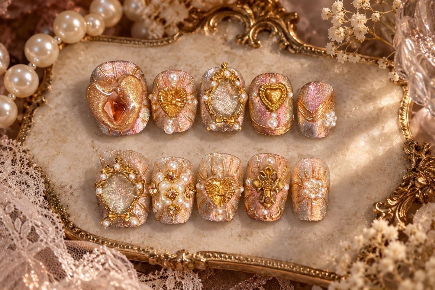 Vintage Gem Baroque Heart Press-On Nails – Champagne Pearl Sunburst Heavywork Squoval | Handmade Nail Art image