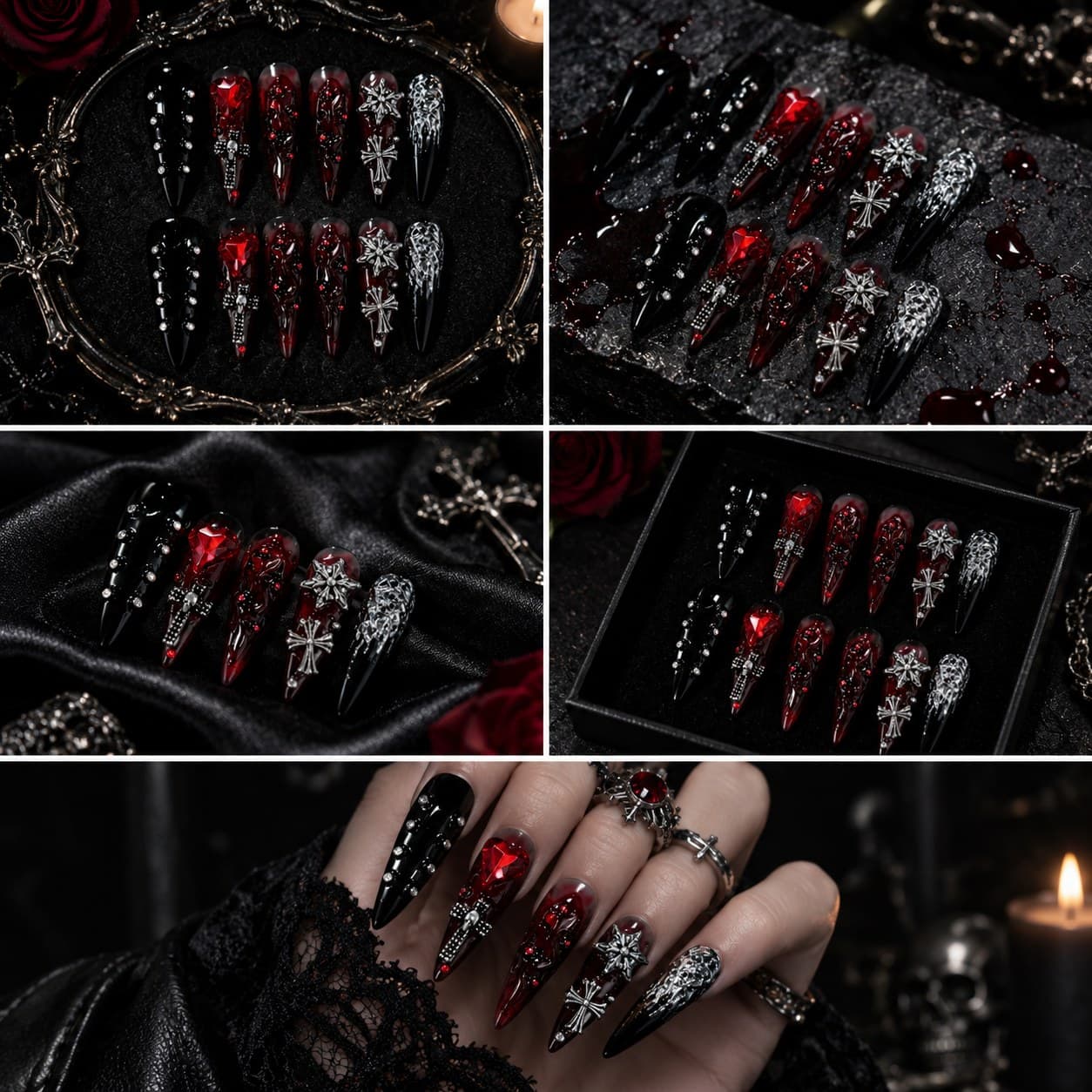 Weeping Blood Y2K Gothic Press-On Nails – Black Stiletto Blood-Drip Art & Chain Hardware, Fully Handmade | Handmade Nail Art image