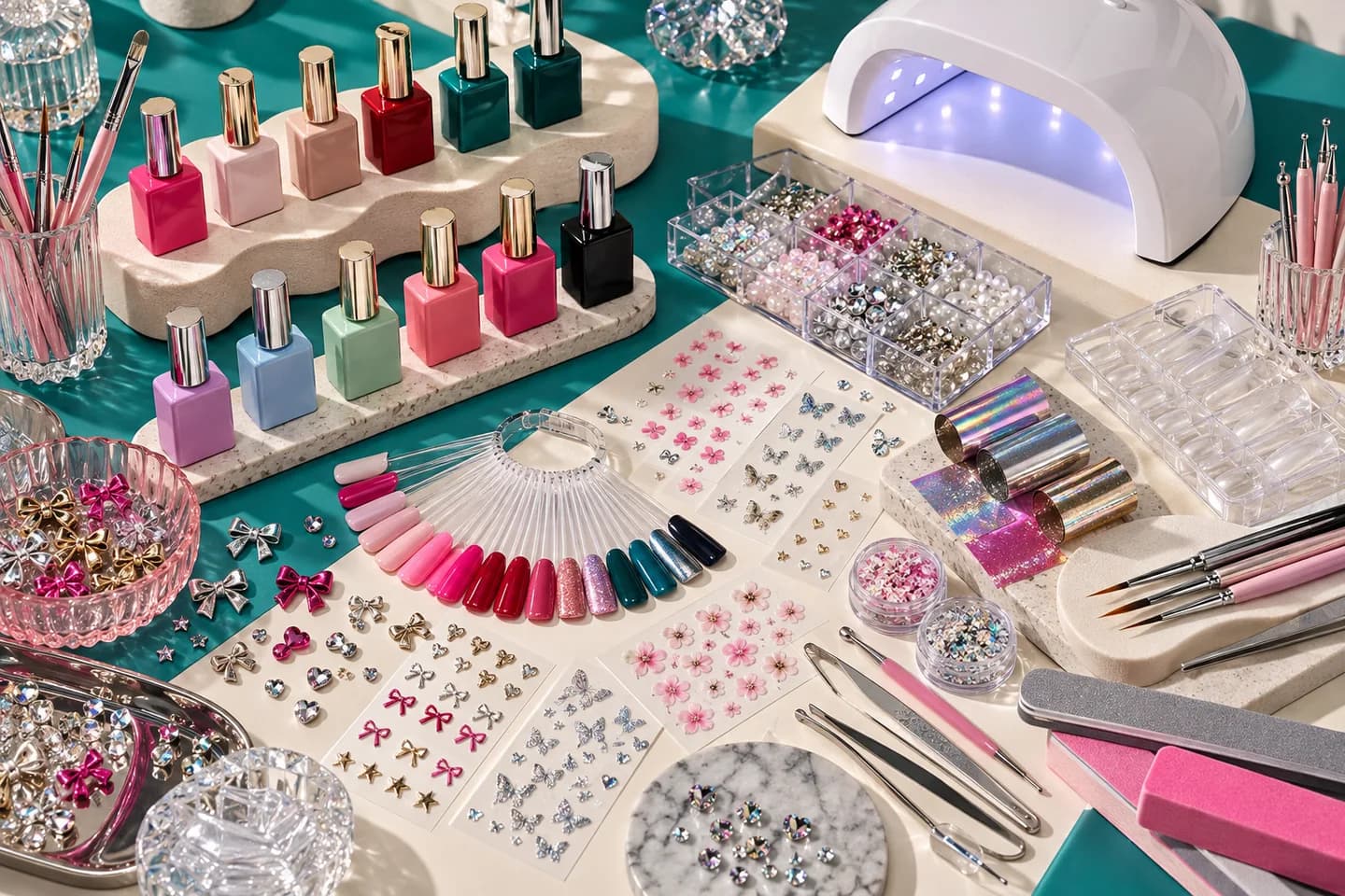 GLAZEM Supplies concept: nail colours, stickers, charms and studio tools