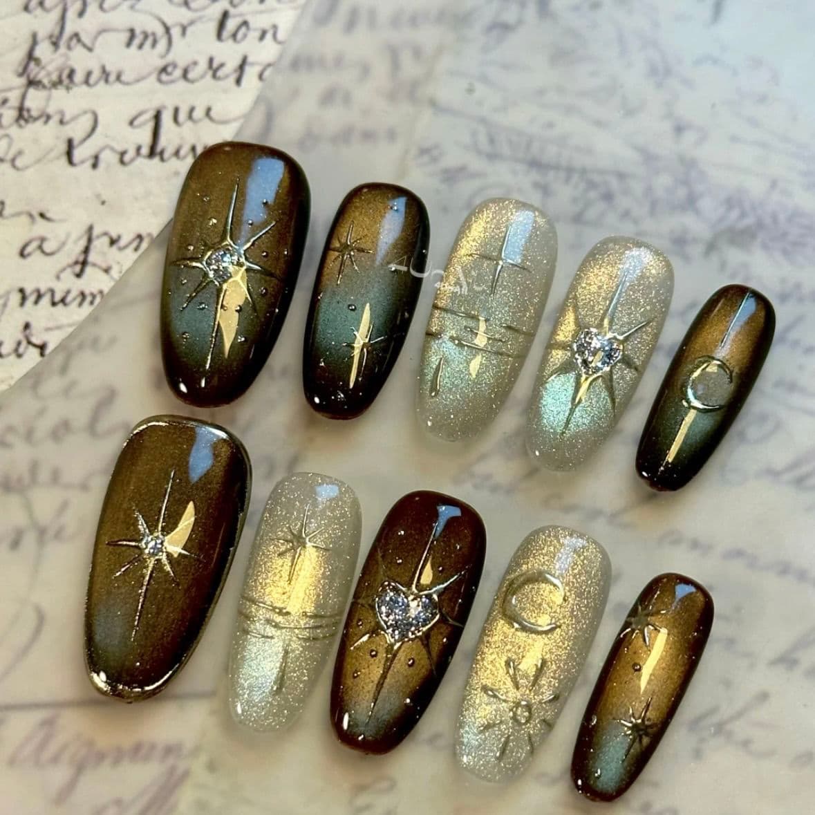 Brown Gold Cat Eye Press On Nails Glitter Rhinestone Star Moon Nail Art 10pcs image