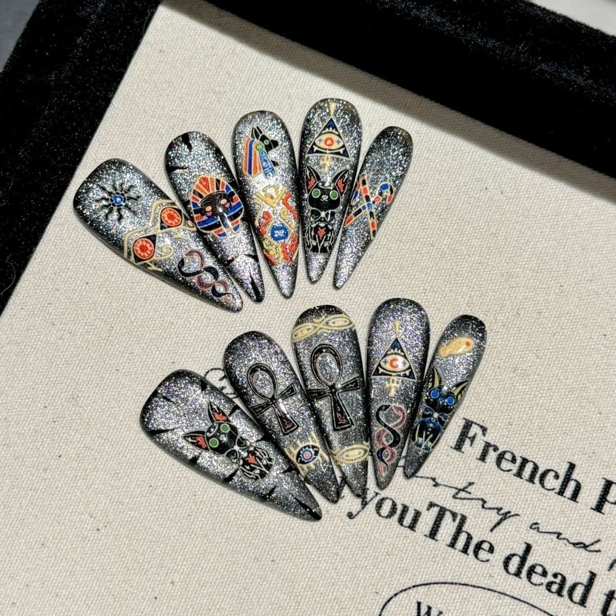 Gothic Egyptian Cat Press On Nails Silver Glitter Stiletto Handmade Nail Set image