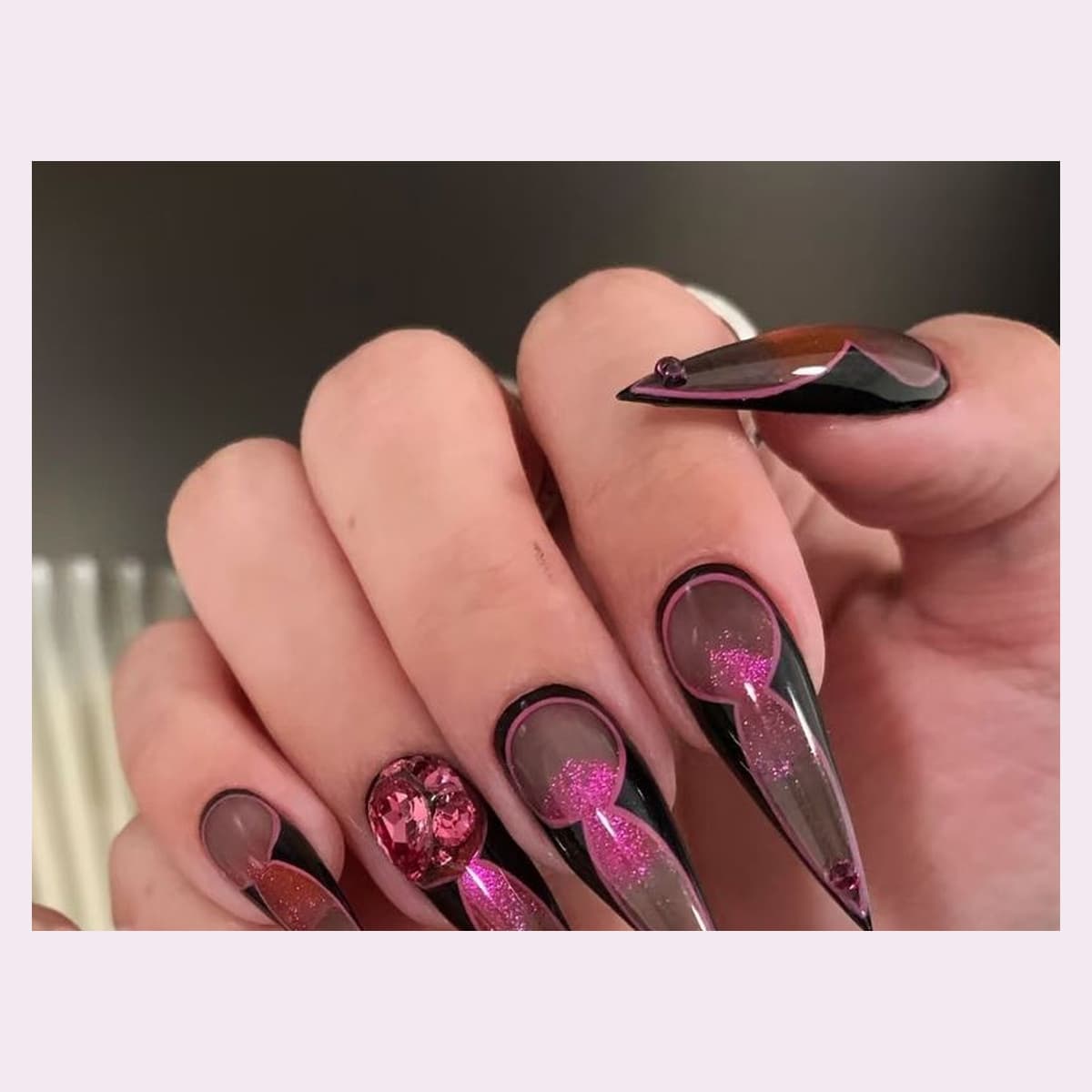 Black Pink Heart Crystal Stiletto Press-On Nails — 10-Piece Set image