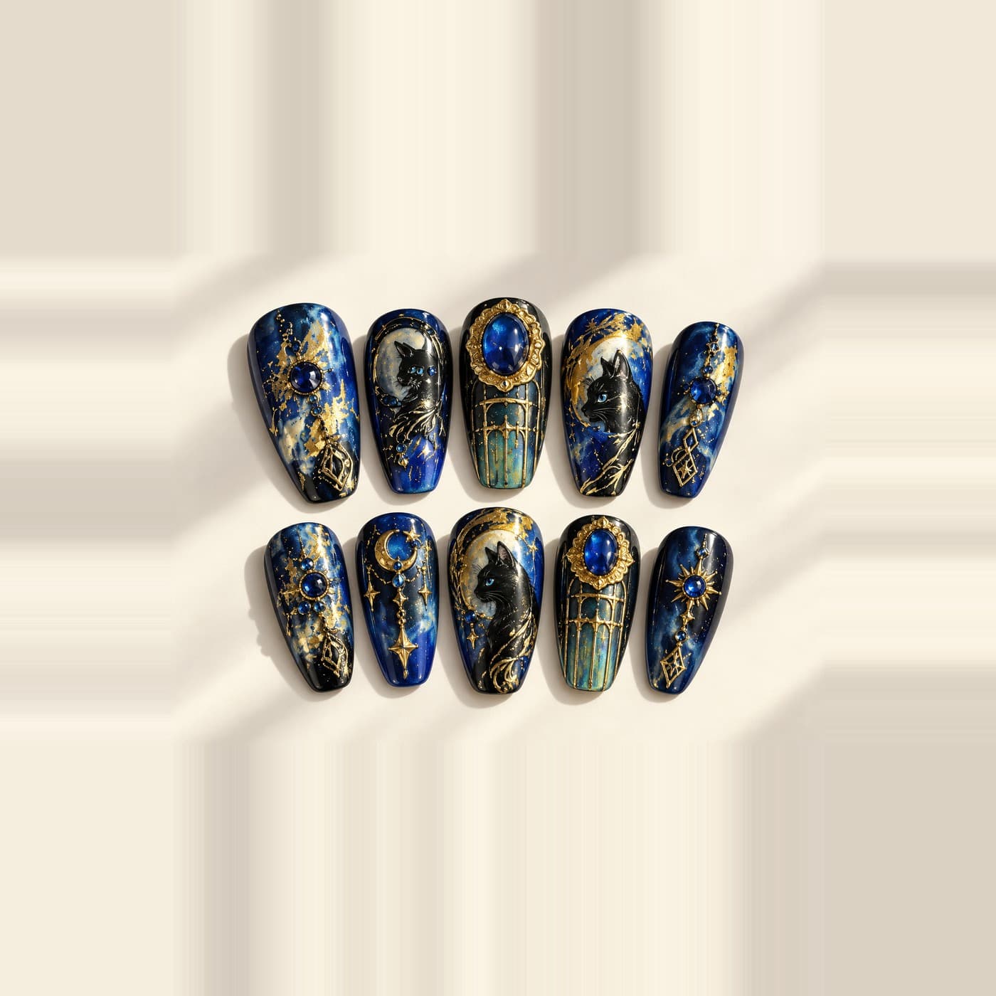 Moonlight Black Cat Press-On Nails – Blue-Gold Secret Realm Set | Handmade Nail Art image