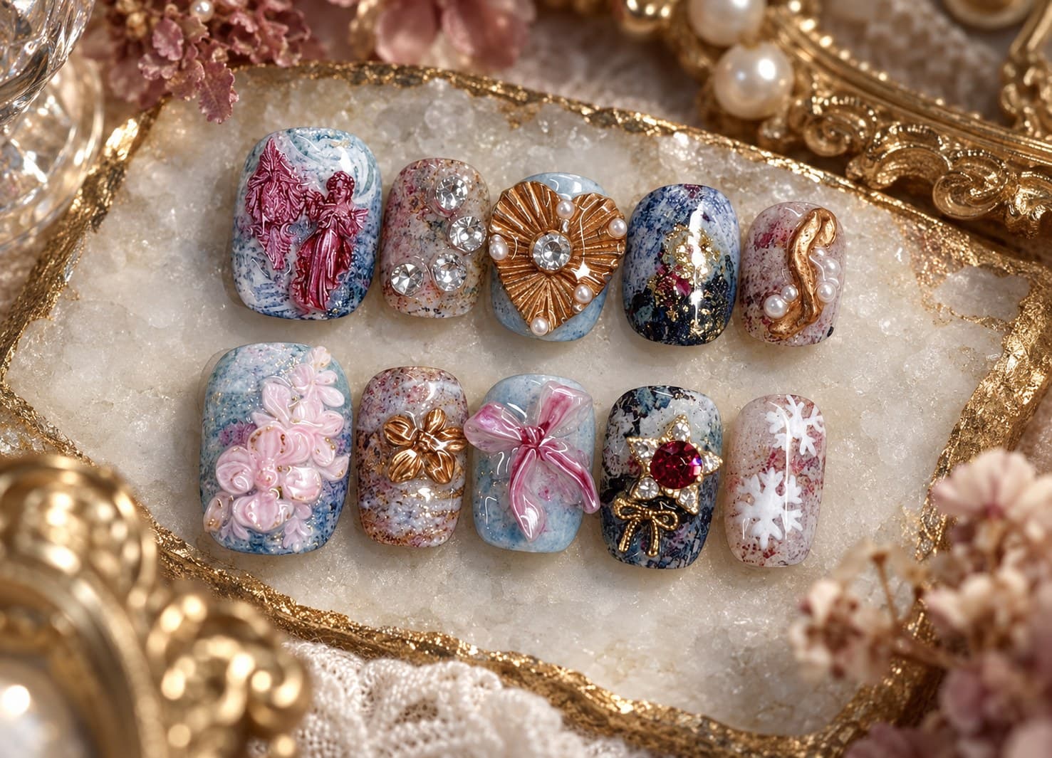 Oil-Painting Court Art Press-On Nails – Watercolor Marble & Antique-Gold Charms, 3D Blush Florals | Handmade Nail Art image