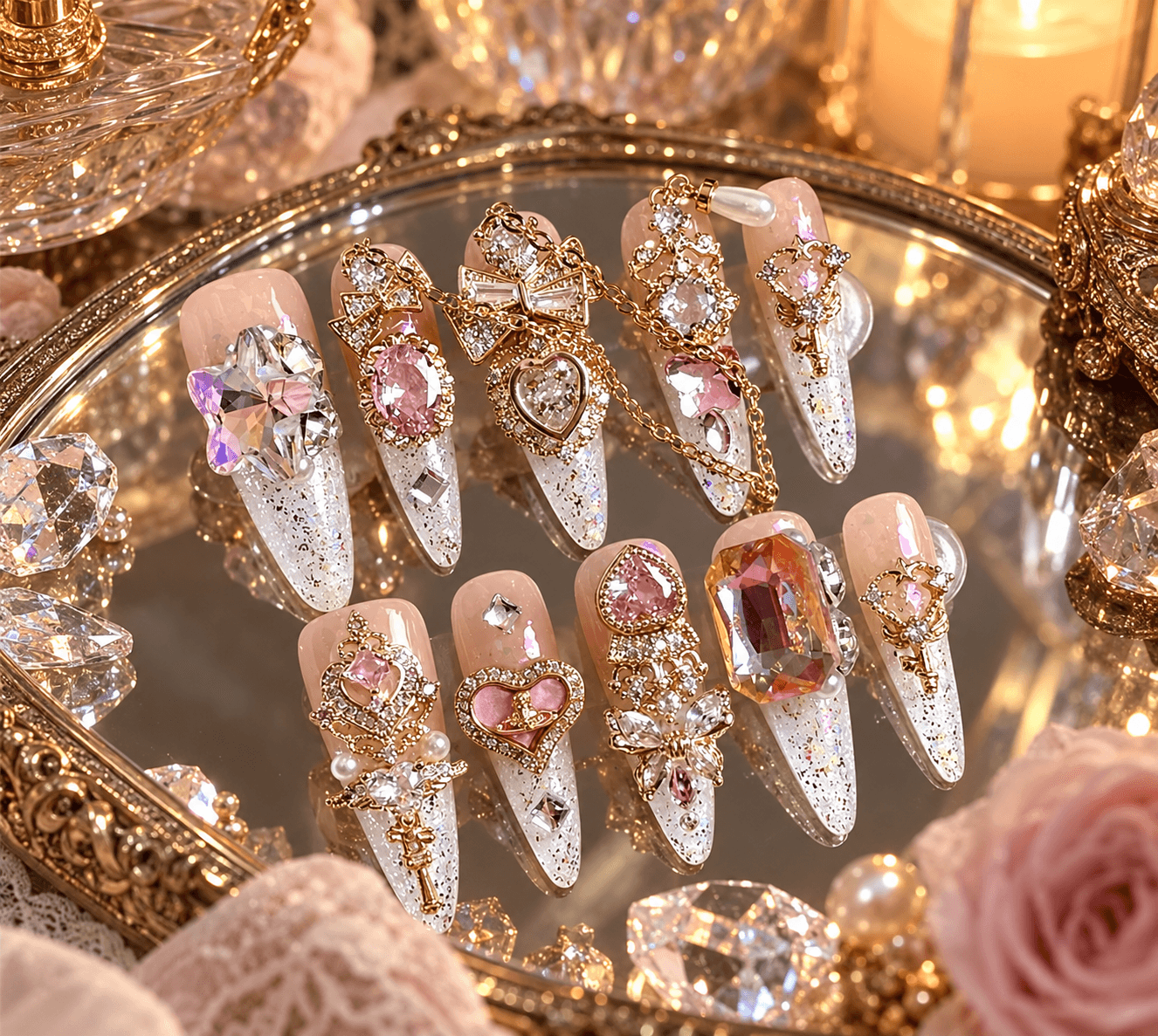 Fairy Sister Coupled Press-On Nails – Linked Zircon Chain Long Pointed | Handmade Nail Art image