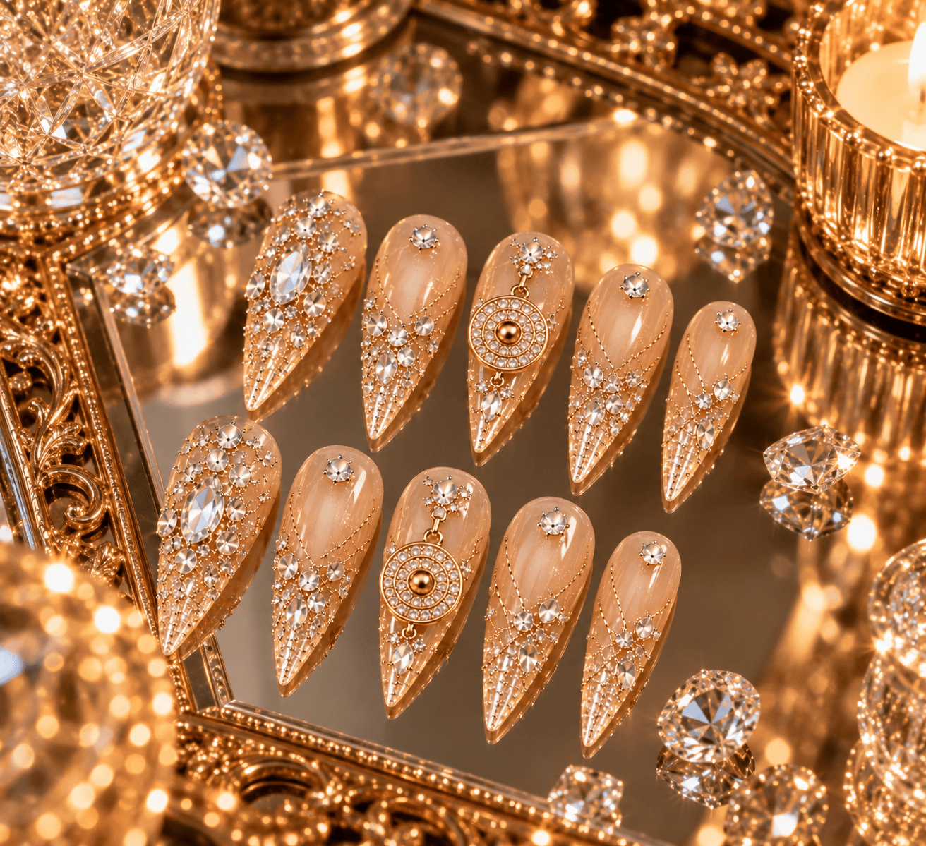 Heiress Spin Press-On Nails – New-Year Spinning Charm & Pavé Zircon Luxury Long Pointed | Handmade Nail Art image