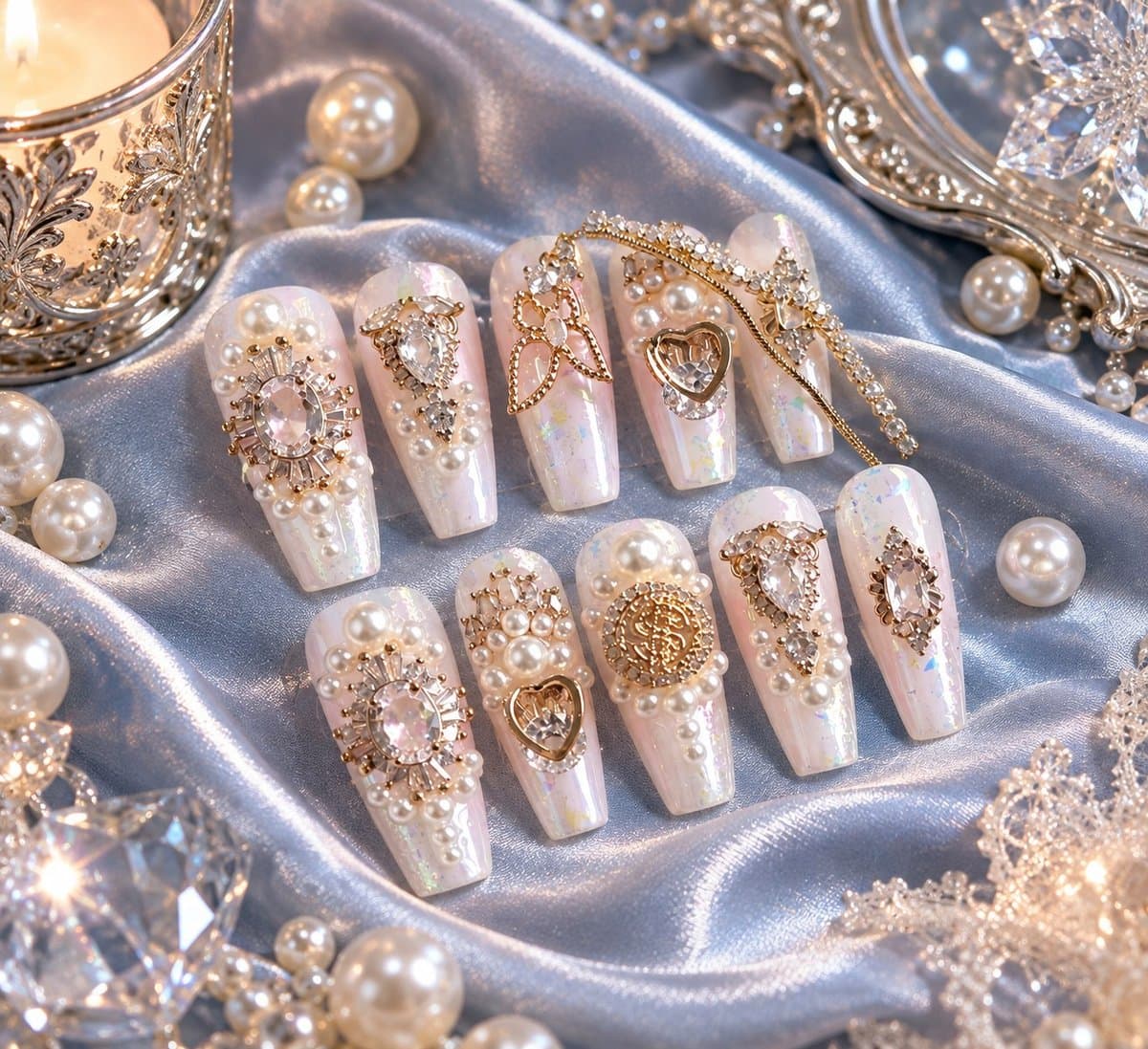 Moonlight Pearl Press-On Nails – Luxury Zircon & Pearl Long Stiletto | Handmade Nail Art image
