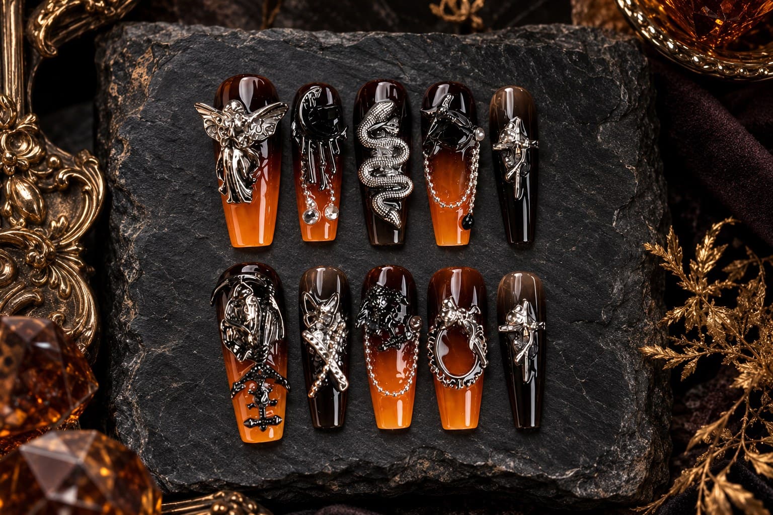 Caramel Hex Press-On Nails – Molten Caramel Swirl & Black-Curse Gradient with Silver Charm Hardware, Long Coffin | Handmade Nail Art image