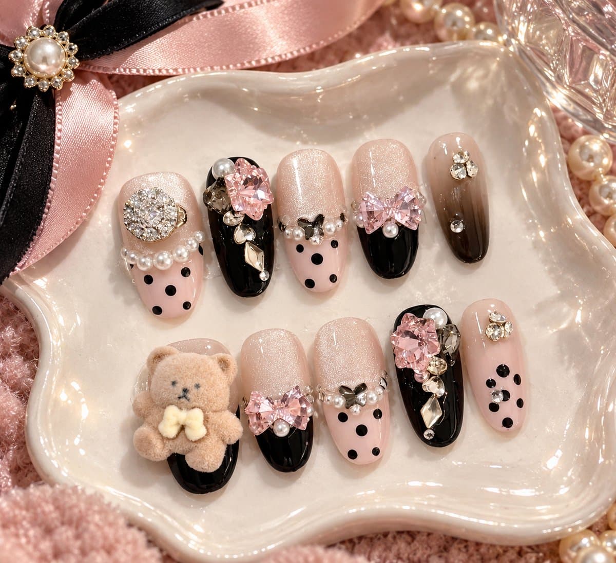 Gothic Bear Bling Press-On Nails – Black-Pink Polka Dot Teddy, Pearls & Crystals | Handmade Nail Art image