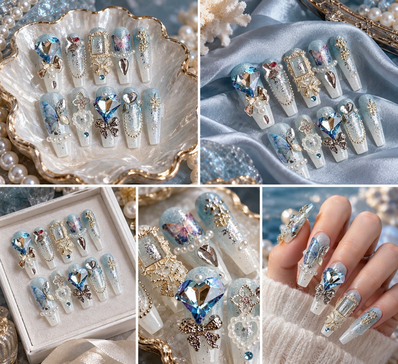 Mermaid Tear Press-On Nails – Icy Ocean Heart, Butterfly & Pearl Charm Luxury | Handmade Nail Art image