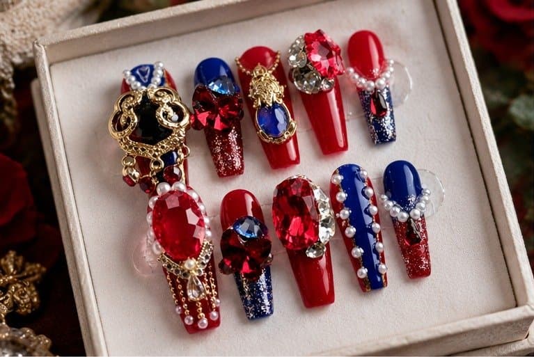Opera Dynasty Wave Press-On Nails – Guofeng Gold Scrollwork & Beaded 3D Stiletto | Handmade Nail Art image