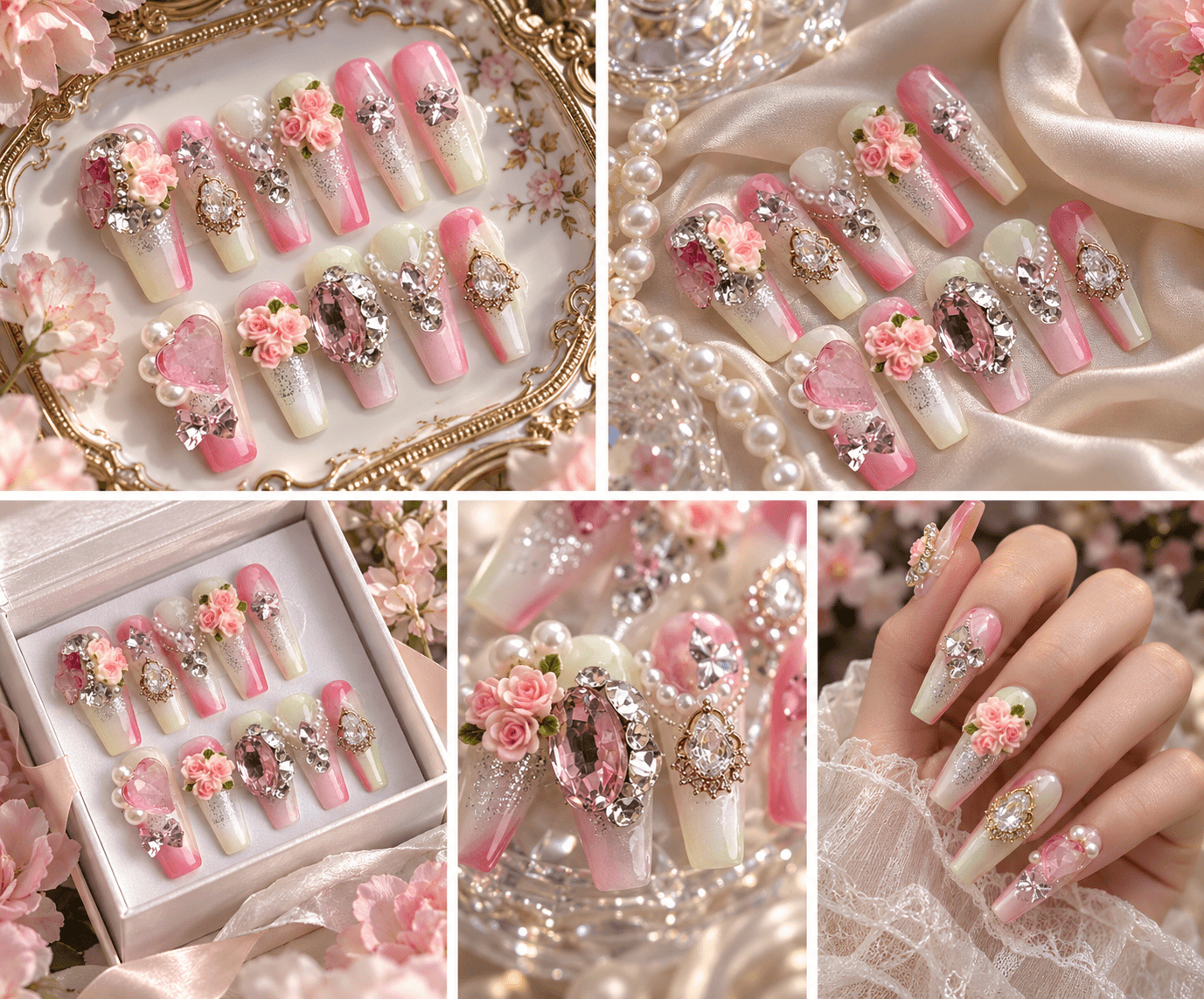Porcelain Pearl Garden Press-On Nails – 3D Pearl Clusters & Flower Buds on Ivory | Handmade Nail Art image