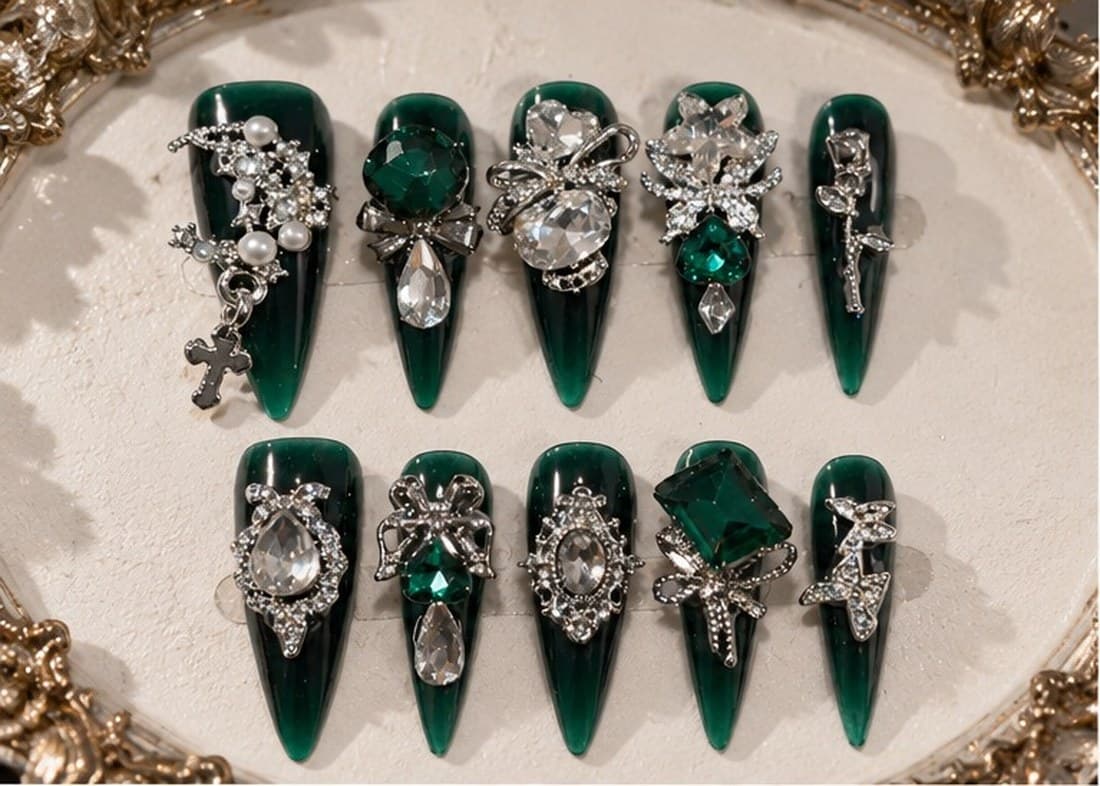 Emerald Talon Heavywork Press-On Nails – Dark Ink-Green Stiletto Sculpted 3D Relief, Crystals & Pearls | Handmade Nail Art image