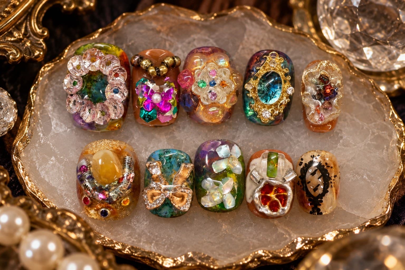 Gem Atelier Short Press-On Nails – Vintage Stained-Glass Gems & Antique Gold Filigree | Handmade Nail Art image
