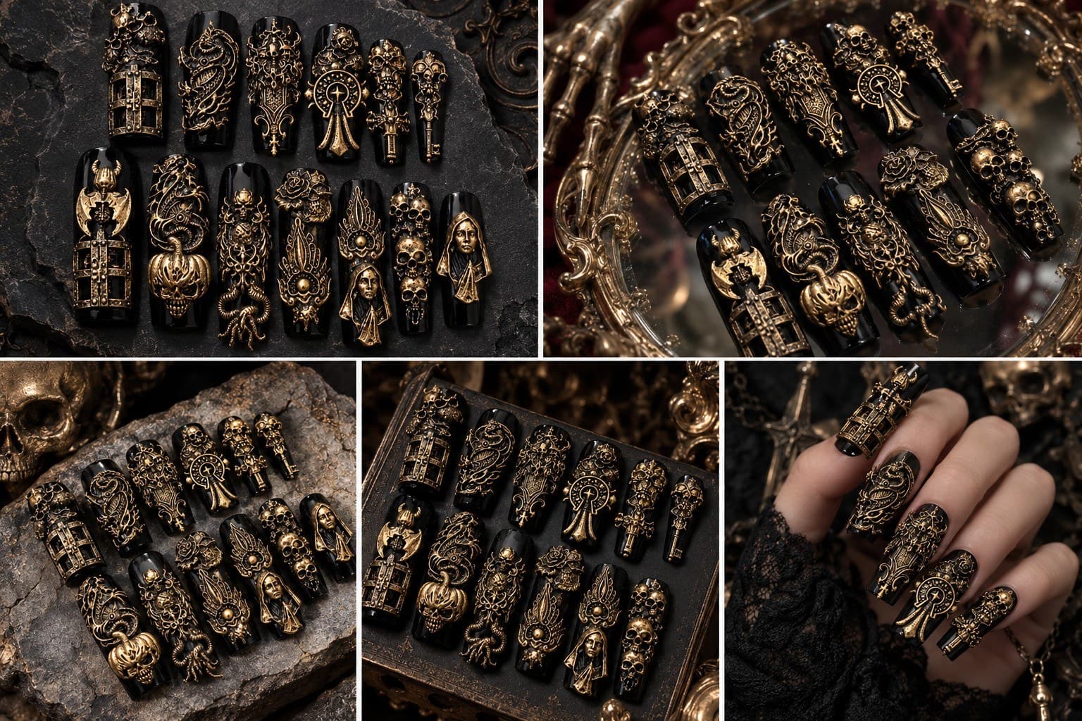 Archaic Metal Reliquary Press-On Nails – Antique Gold Baroque Sculpture on Black Coffin | Handmade Nail Art image