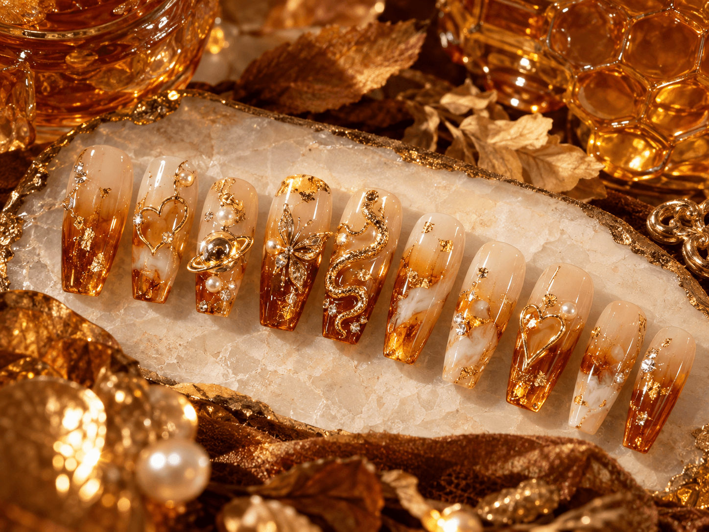 Amber Cloud Press-On Nails – Translucent Honey Gradient, Gold Foil & Pearl Zircon Charms | Handmade Nail Art image