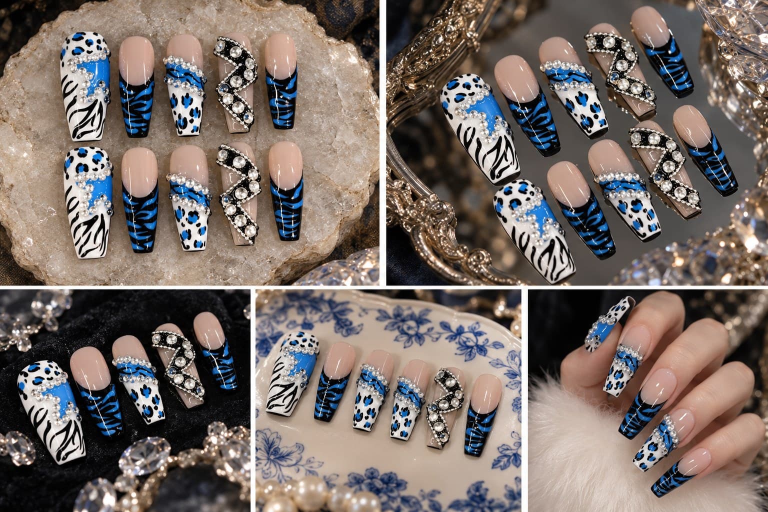 Blue Leopard Porcelain French Press-On Nails – Black & Blue Leopard Tips, Blue-White China Accents | Handmade Nail Art image
