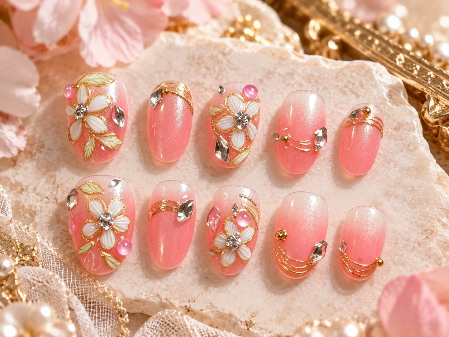 Blush Camellia Garden Press-On Nails – 3D White Camellias & Gold Chains on Pink Ombré | Handmade Nail Art image