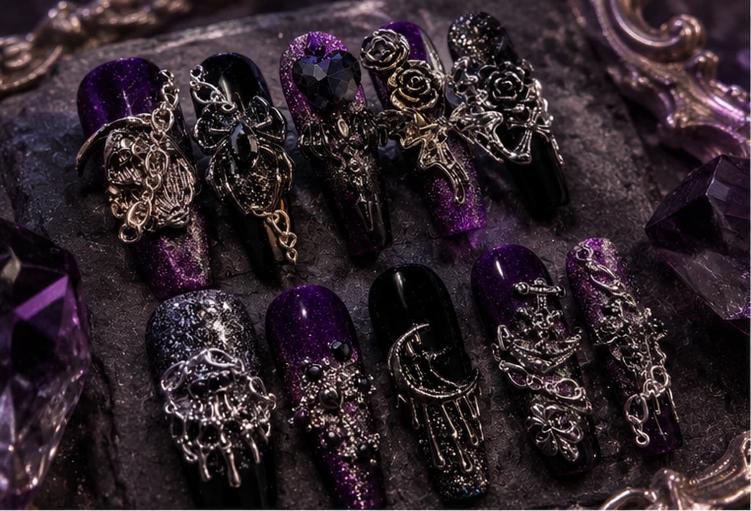 Croc Skull Press-On Nails – Purple Punk Crocodile Texture | Handmade Nail Art image