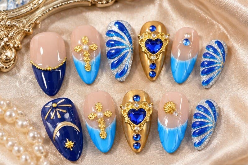 Court Sapphire French Royale Press-On Nails – Hand-Painted Jewel Baroque | Handmade Nail Art image
