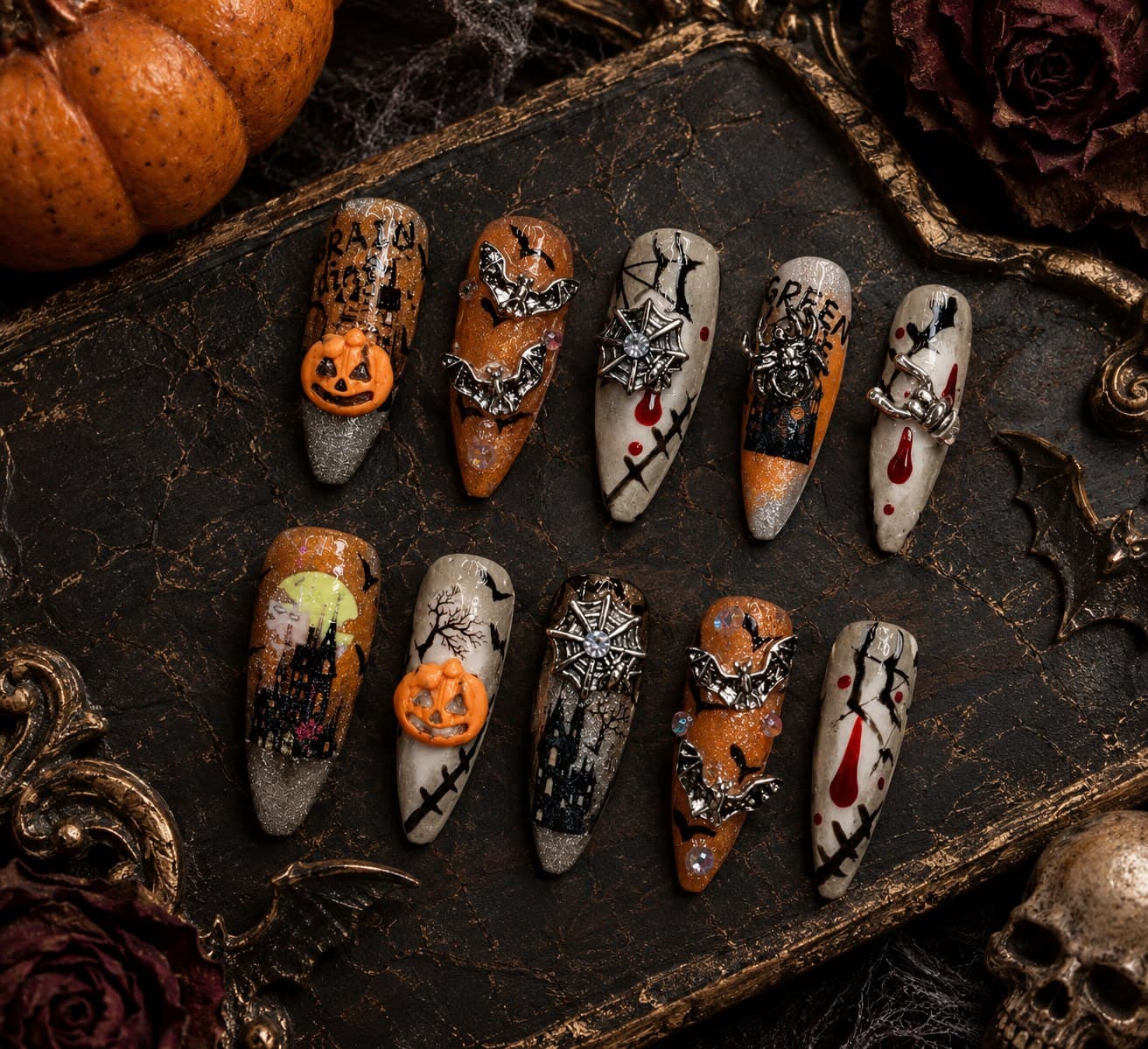 Cursed Pumpkin Halloween Press-On Nails – 3D Pumpkin Charms, Spider Webs & Bat Wings on Caramel Long Coffins | Handmade Nail Art image