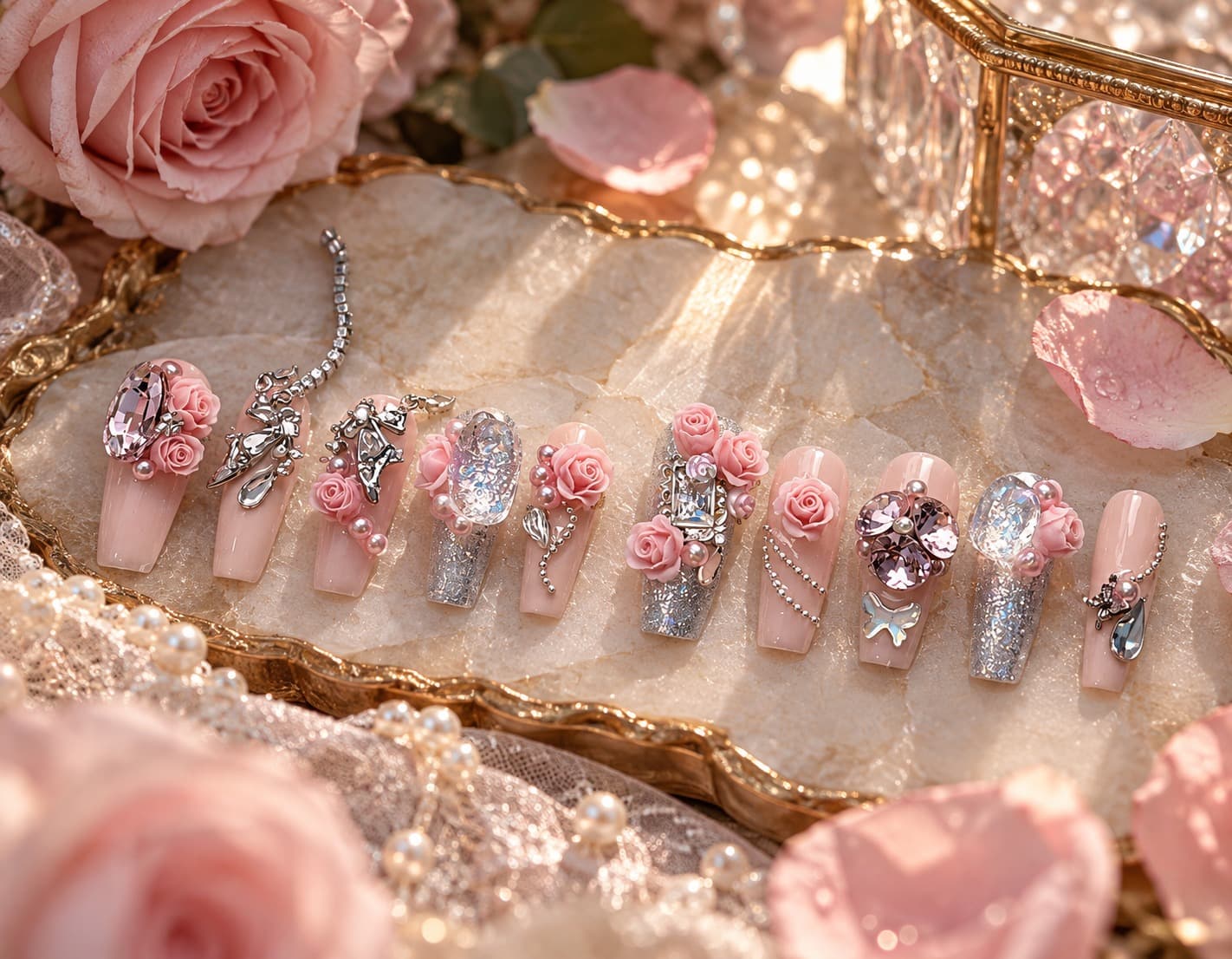 Dew Rose Tassel Press-On Nails – 3D Blush Roses, Dew-Drop Pearls & Silver Chain Tassels | Handmade Nail Art image