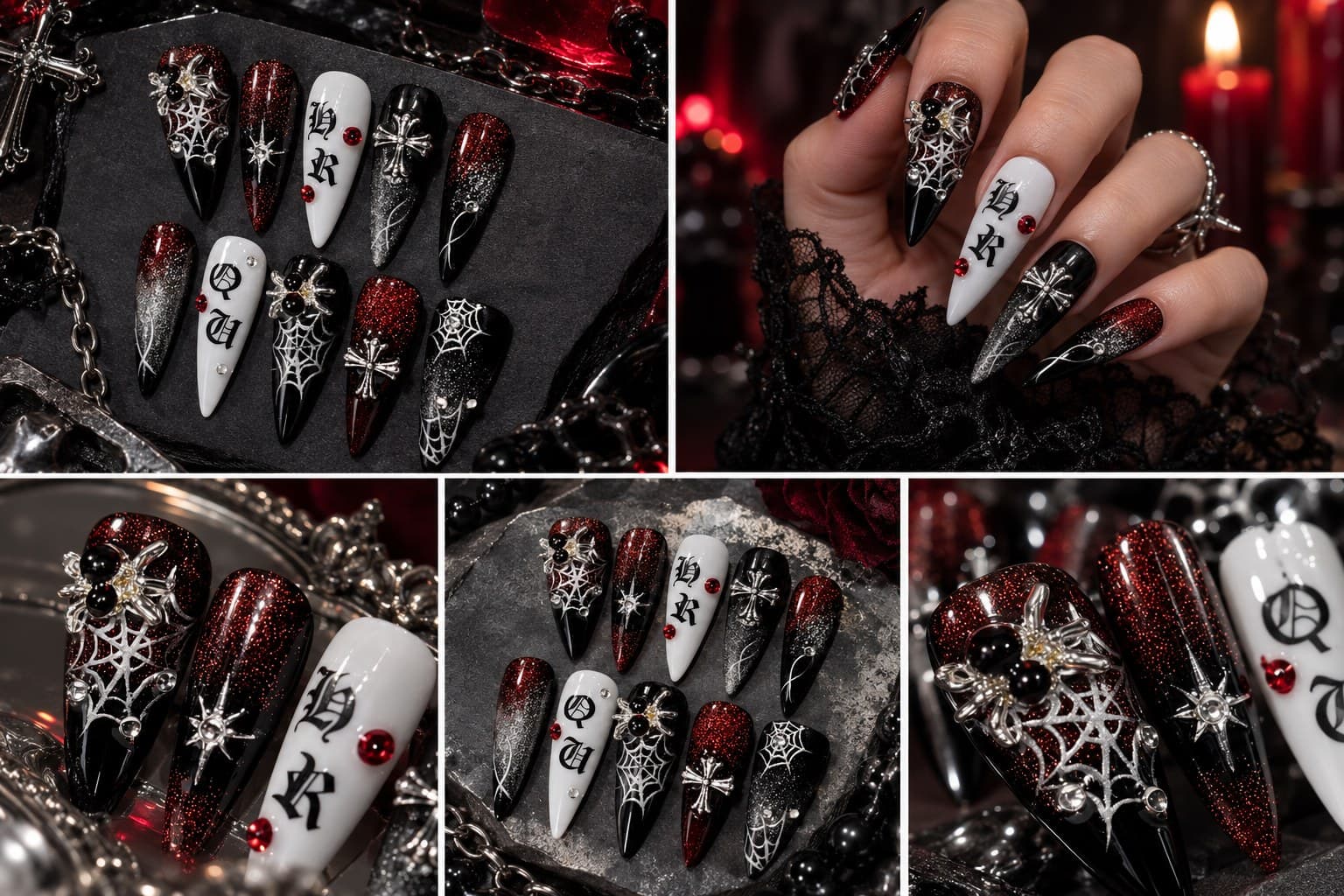 Dark Spider Y2K Gothic Press-On Nails – 3D Spider & Web Art on Black Punk Stilettos, Fully Handmade | Handmade Nail Art image