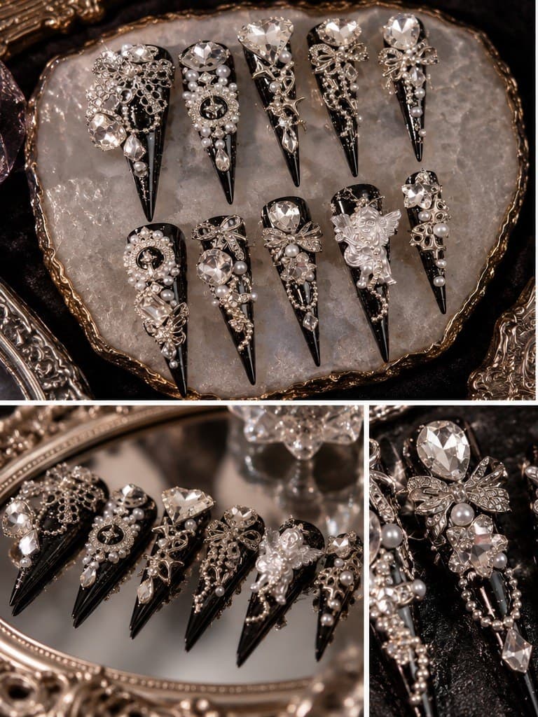 Dark Sparkle Gothic Stiletto Press-On Nails – Black Cherub Filigree Pearl & Crystal, Fully Handmade | Handmade Nail Art image